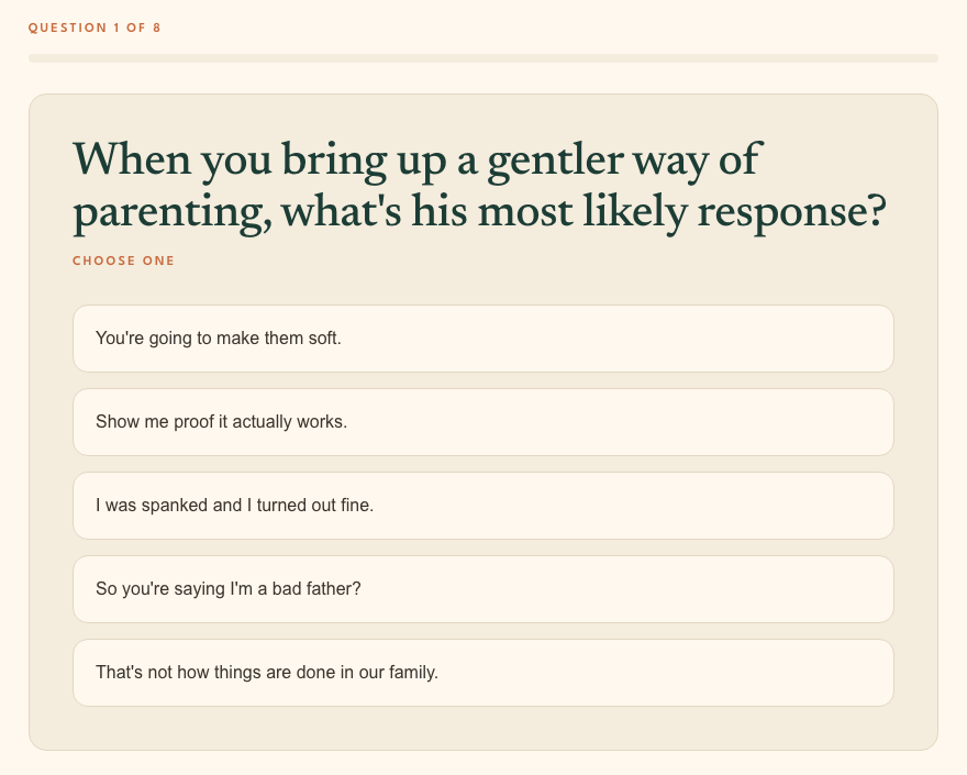 Preview of Question 1 from the Conflicting Parenting Styles Quiz, with five possible responses